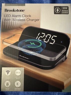 Brookstone Black LED Alarm Clock with Wireless Charger